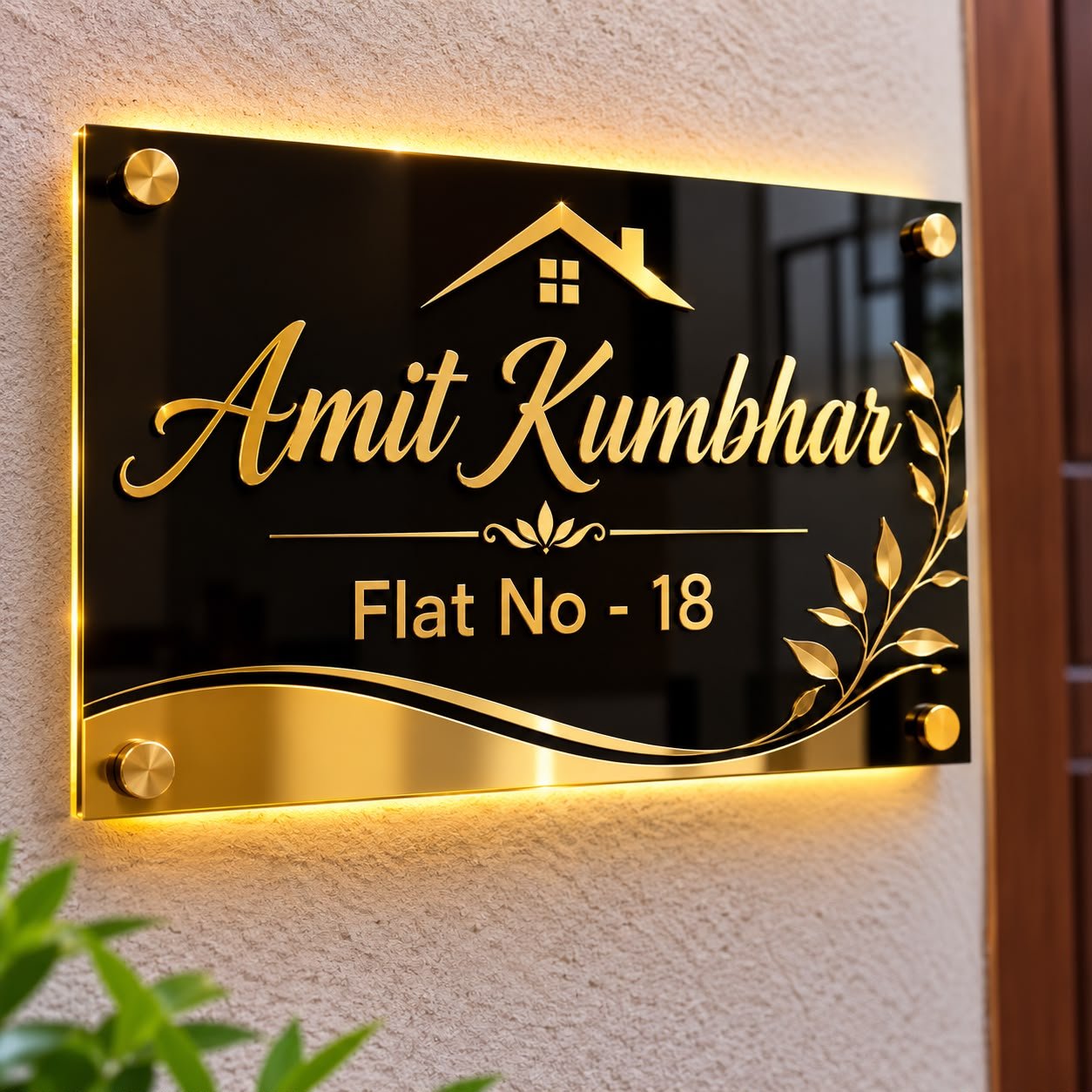 Polished Black Acrylic Nameplate with Gold Backlighting